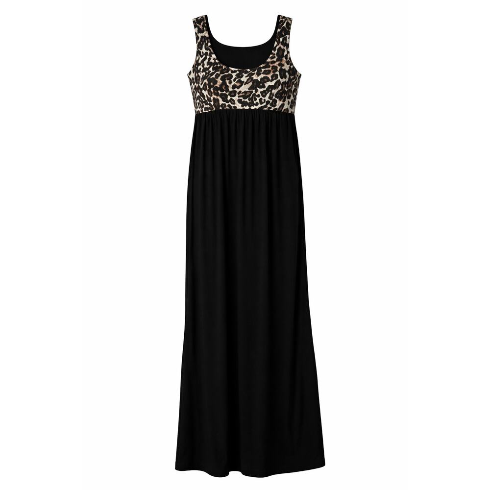 Coco USA Women’s Sleeveless Maxi Dress – Black & Animal Print, Size Large, EUC